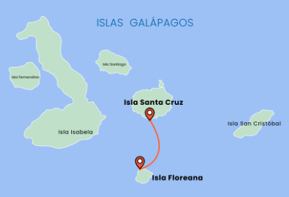 Mapa de Galápagos con la ruta de ferry desde la isla Santa Cruz a isla Floreana.